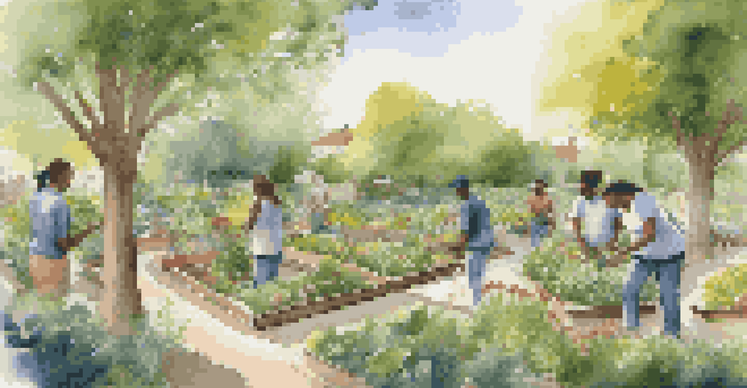 A community garden scene with diverse people using technology to collaborate, surrounded by lush greenery and sunlight.