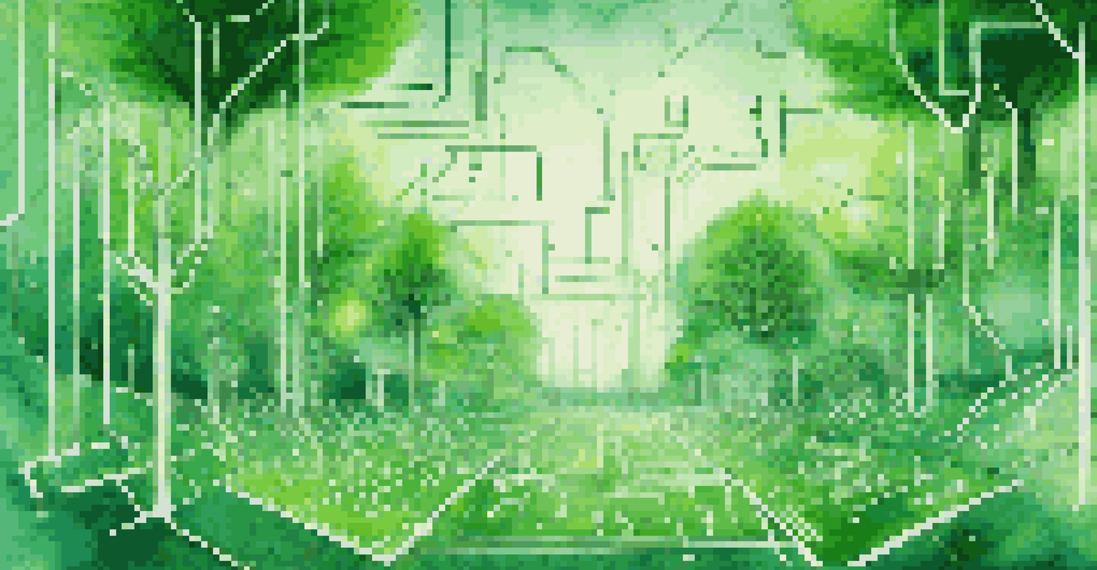 An abstract representation of sustainable software development, showing trees and circuit boards combined with glowing data streams, symbolizing eco-friendly technology.