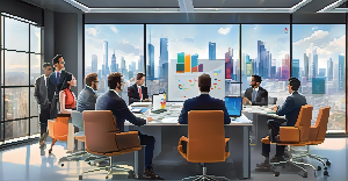A diverse group of professionals in a bright conference room, using technology for real-time language translation during a meeting.