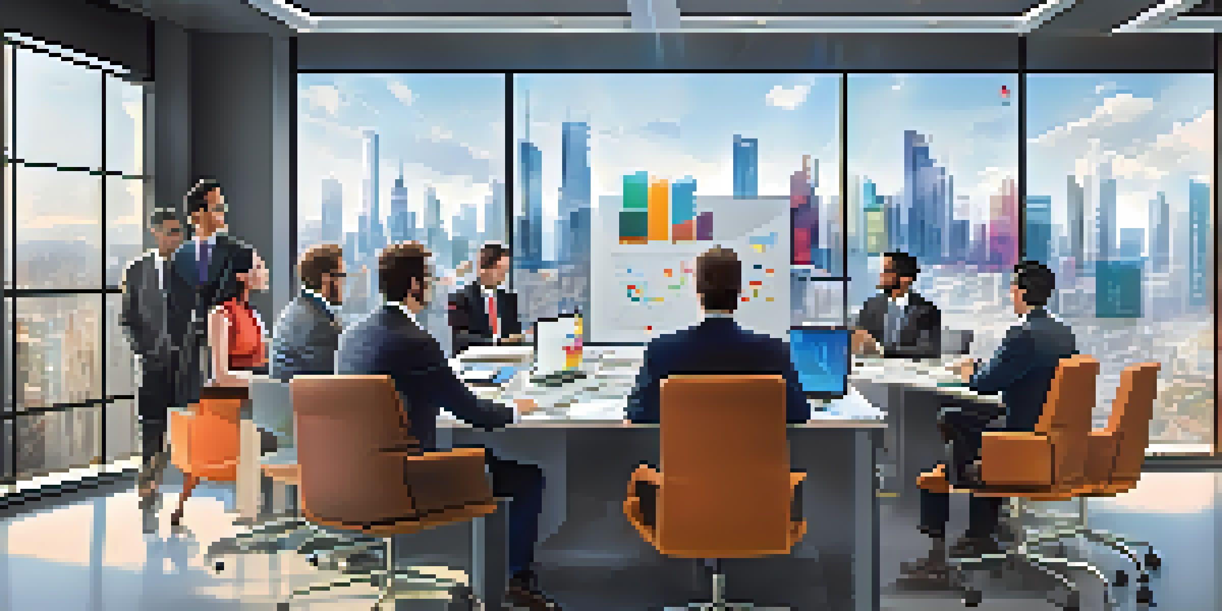 A diverse group of professionals in a bright conference room, using technology for real-time language translation during a meeting.