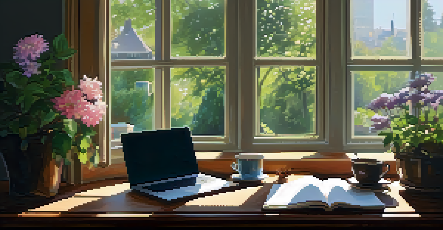 A bright and inviting workspace with a wooden desk, open notebooks, a laptop, and a view of a blooming garden through a large window.