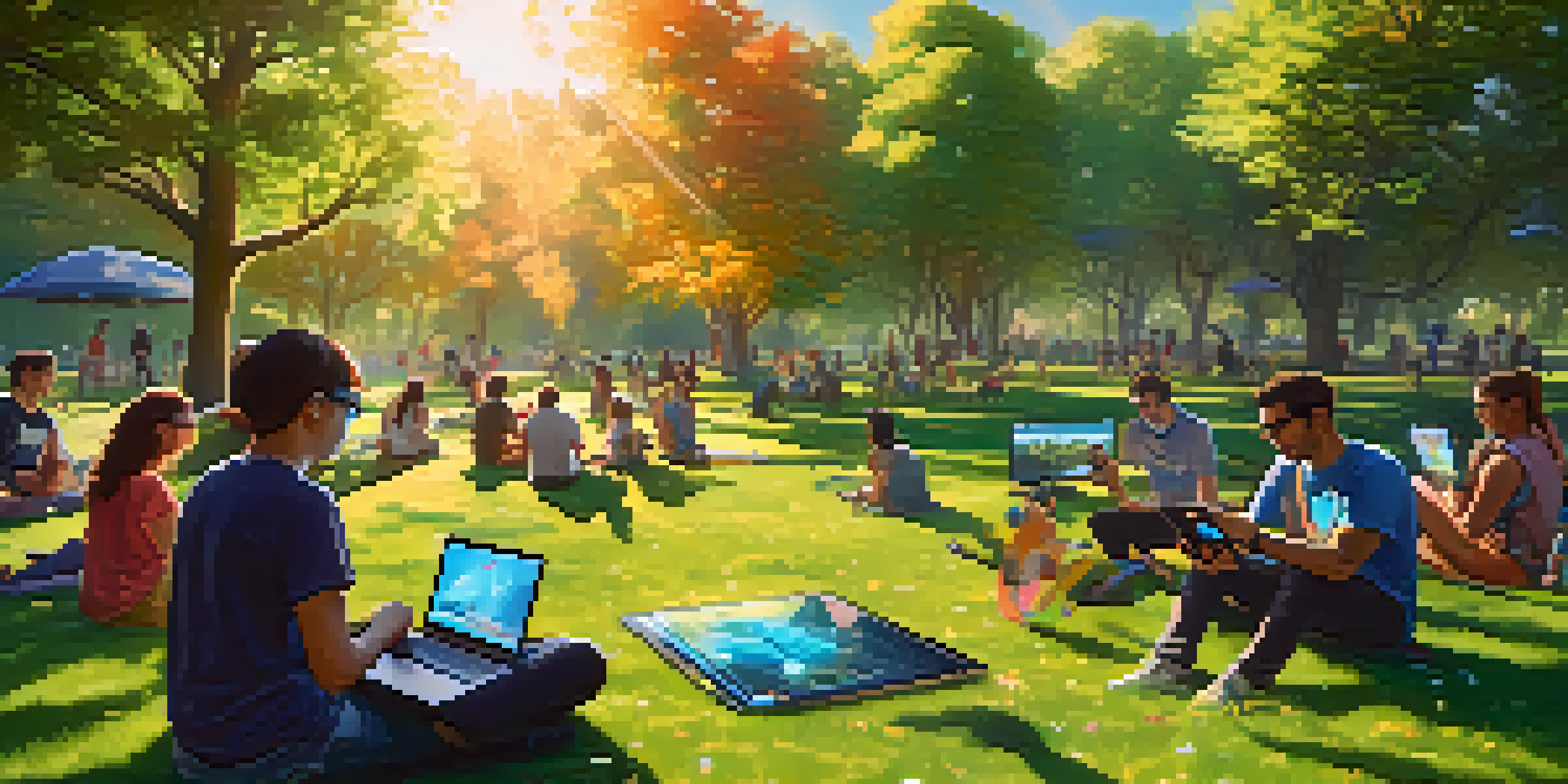 A group of diverse gamers using augmented reality devices in a park, interacting with digital creatures under sunlight filtering through trees.