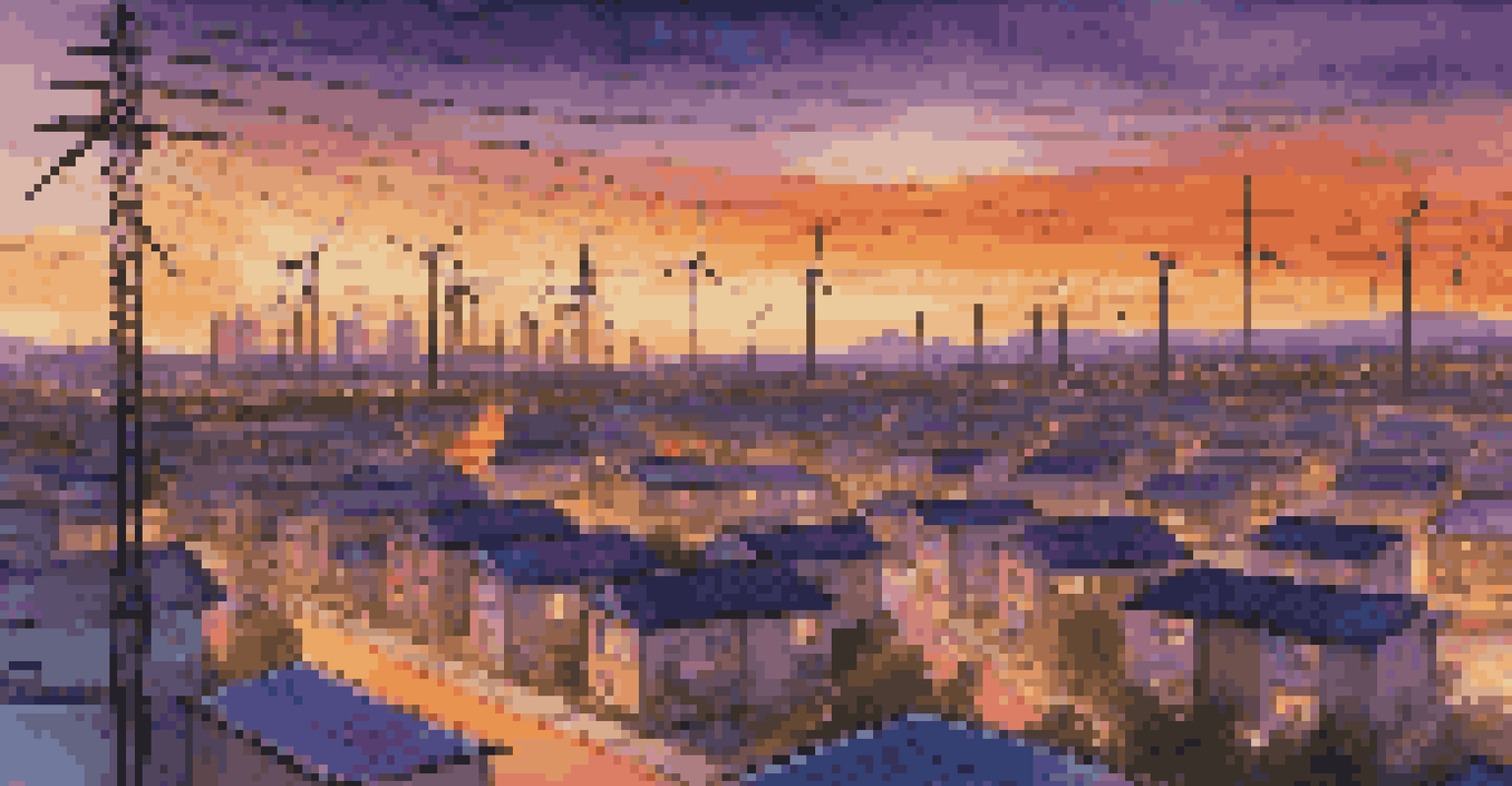 An aerial view of a modern city at sunset, featuring solar panels and wind turbines, with illuminated power lines connecting the area.