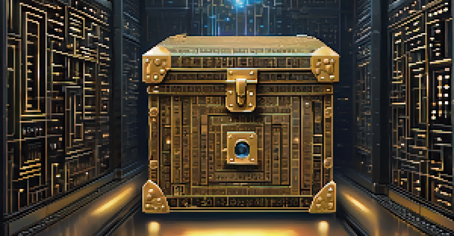 An artistic depiction of a treasure chest with digital locks and keys, surrounded by binary code in a dark environment.