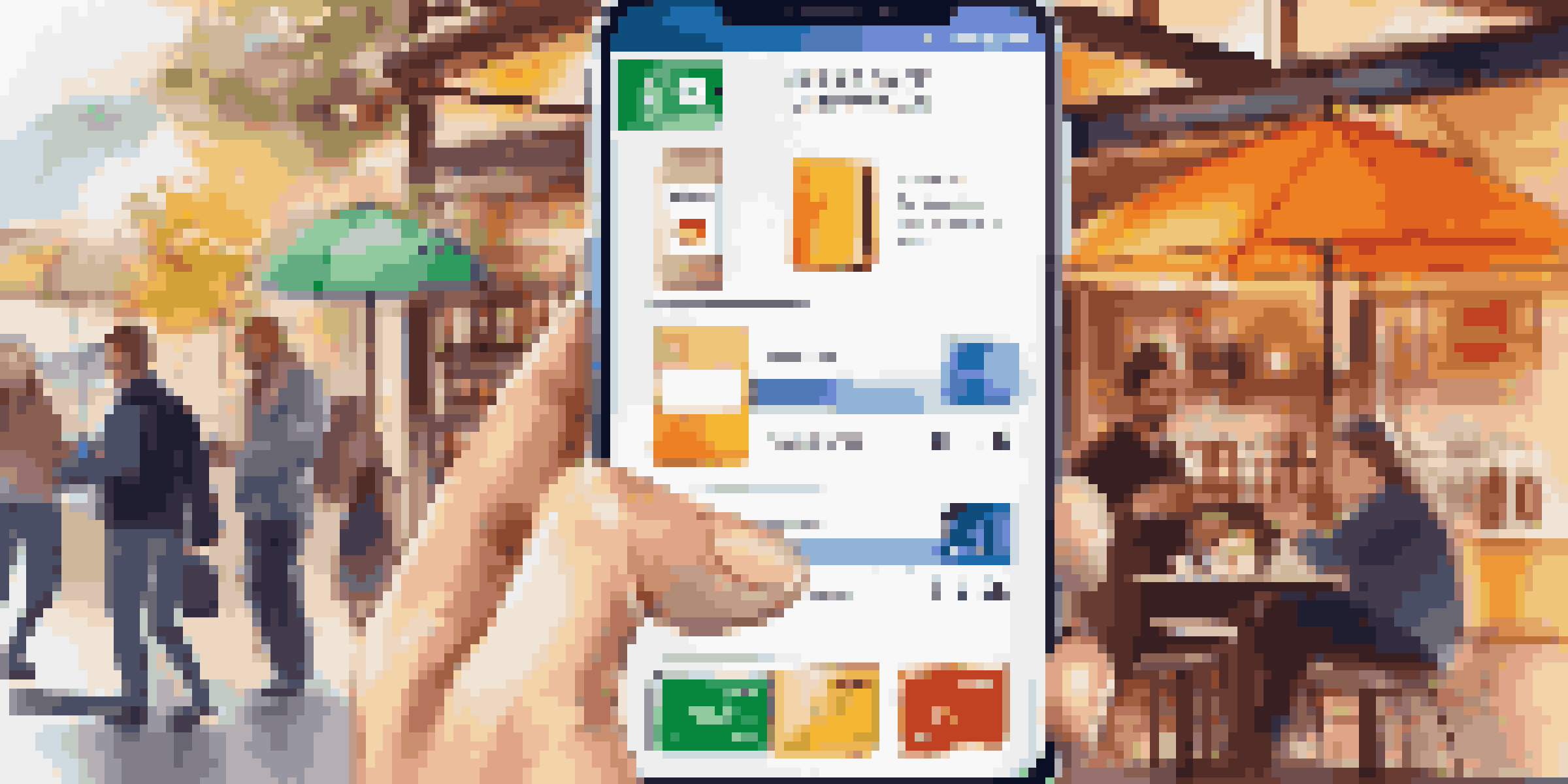 A smartphone showcasing a digital payment app in a cafe, with colorful icons for payment options.