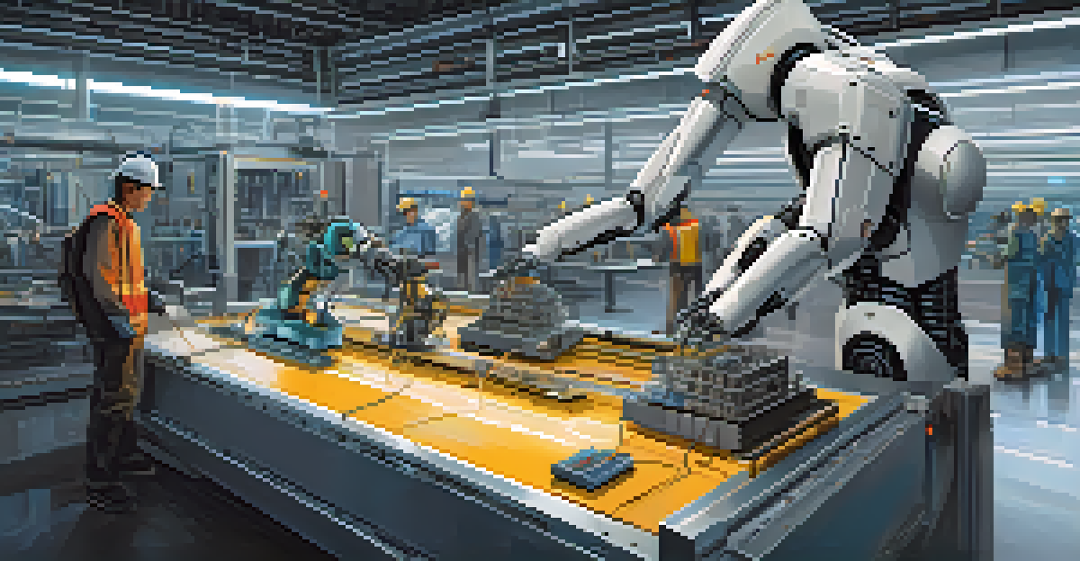 A factory worker receiving assistance from an AI robot in a futuristic manufacturing environment.