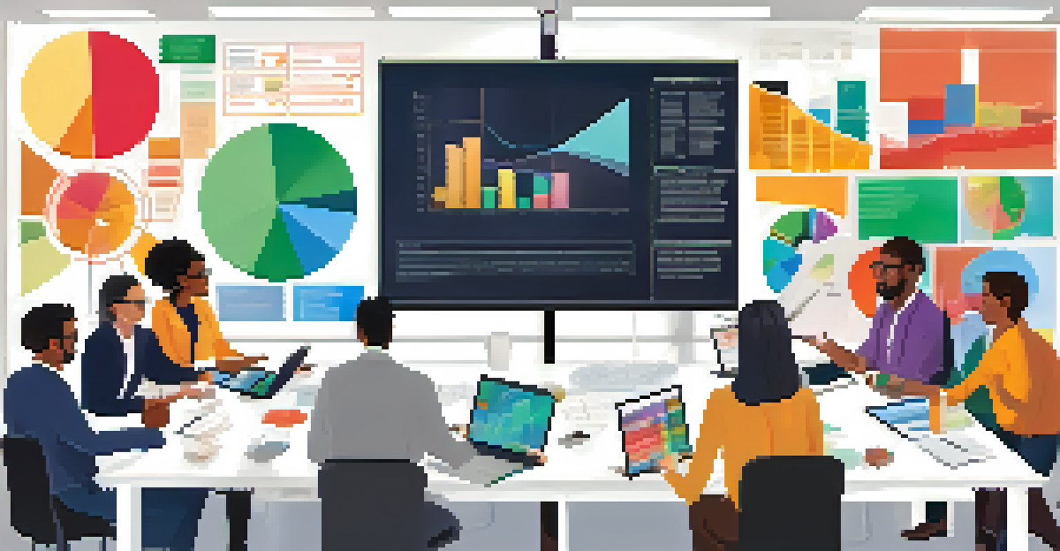 A group of diverse professionals collaborating around a table, discussing data visualizations on a large screen.