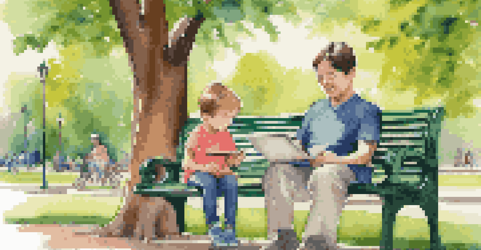 A parent and child using a tablet for telemedicine in a park.