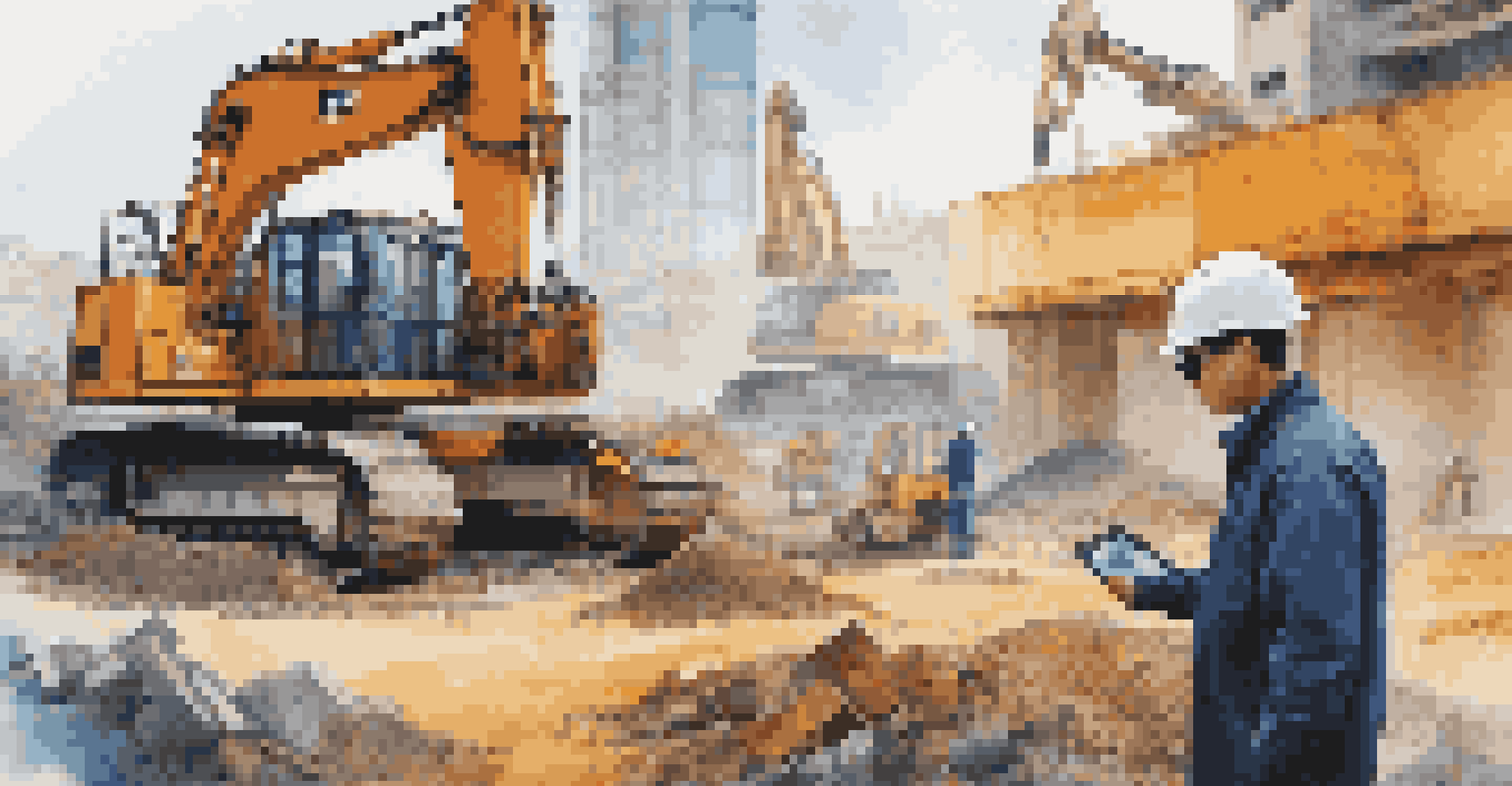 A technician inspecting a large excavator using augmented reality glasses, with holographic data overlays.