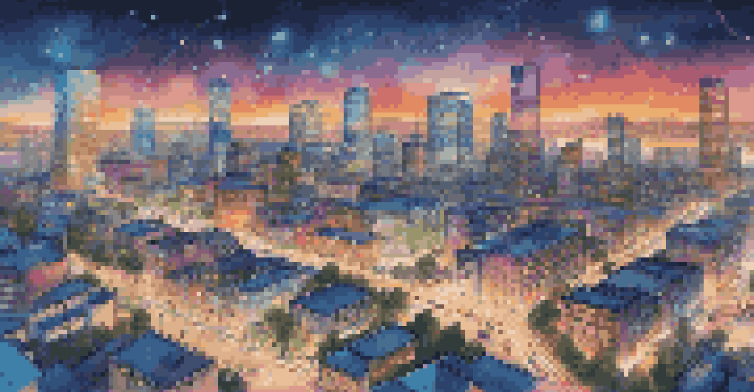 An aerial view of a smart city at dusk, with illuminated buildings and visible data flow animations representing IoT integration.