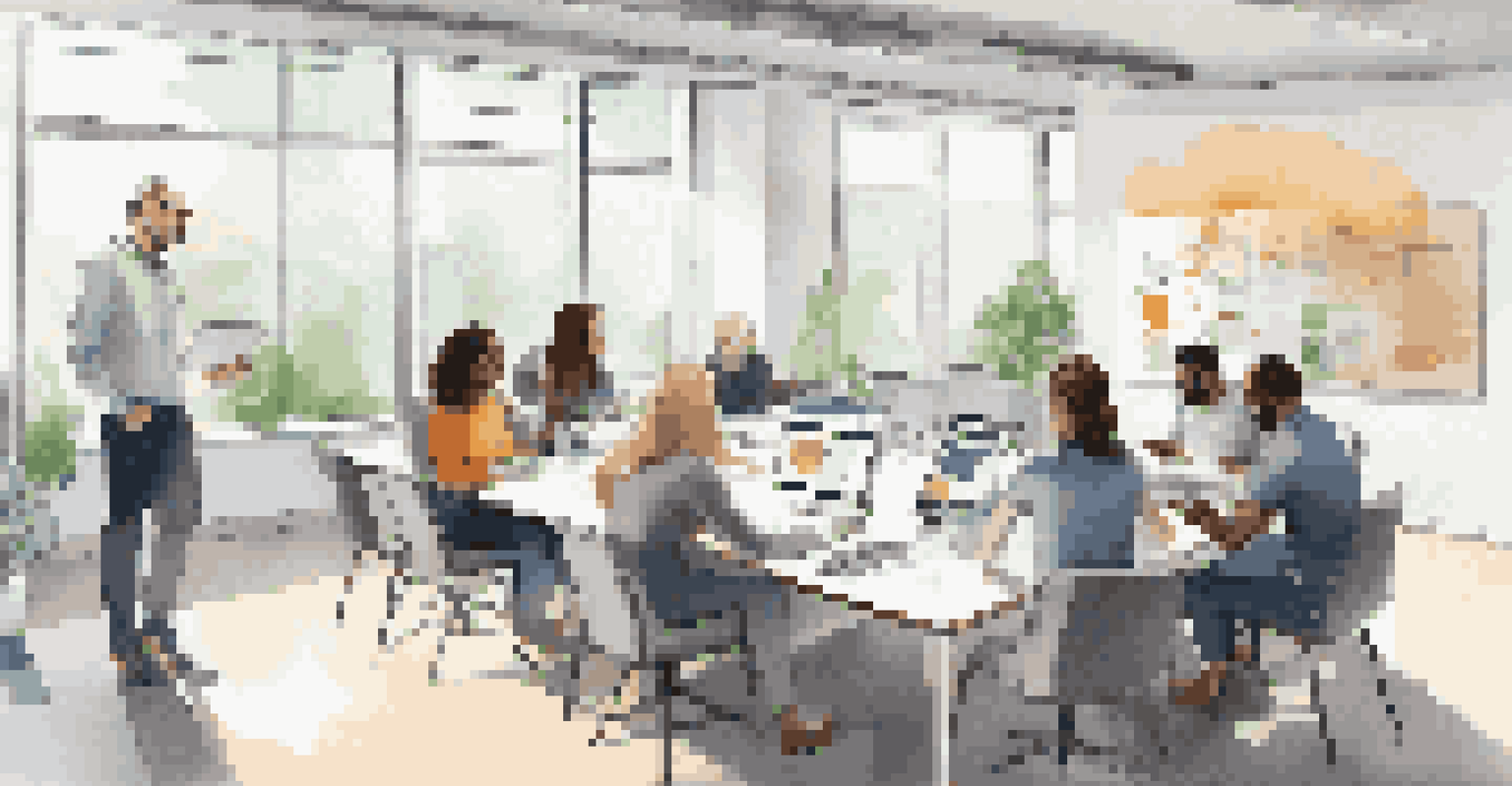 A diverse team collaborating in a bright modern workspace, sharing ideas around a conference table with laptops.