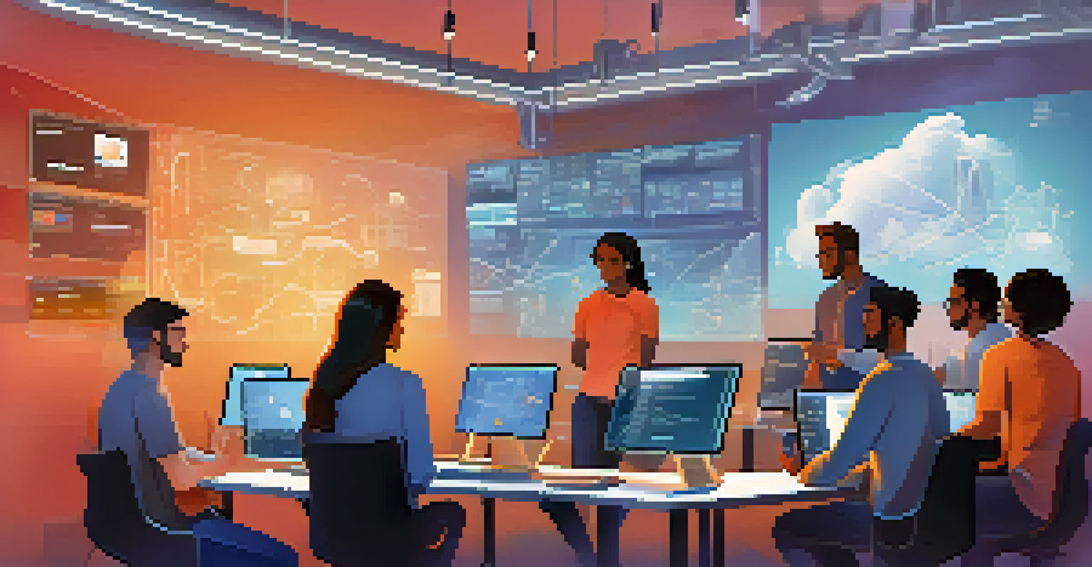 A diverse team of software developers collaborating online with multiple screens and cloud computing elements in the background.