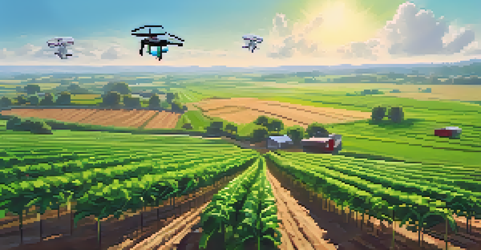 An agricultural landscape with farmers using drones and sensors to monitor crops, showcasing sustainable farming practices.