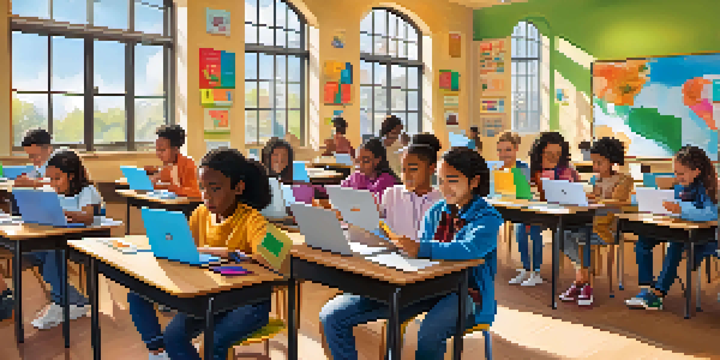 A diverse group of students in a colorful classroom using tablets and laptops while a teacher engages with them.