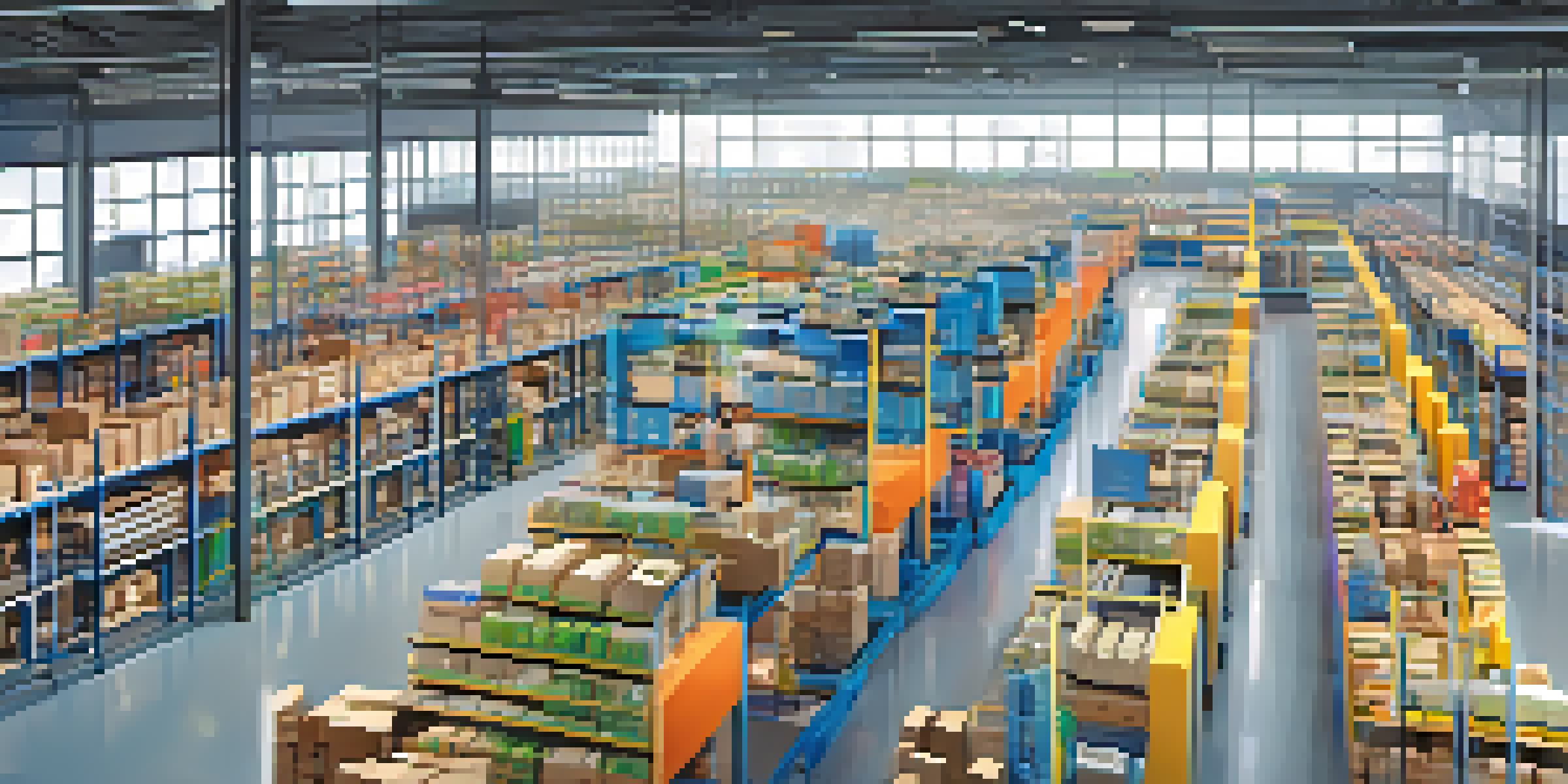A modern supply chain warehouse with shelves full of products, digital screens, and workers using tablets in a bright, high-tech environment.
