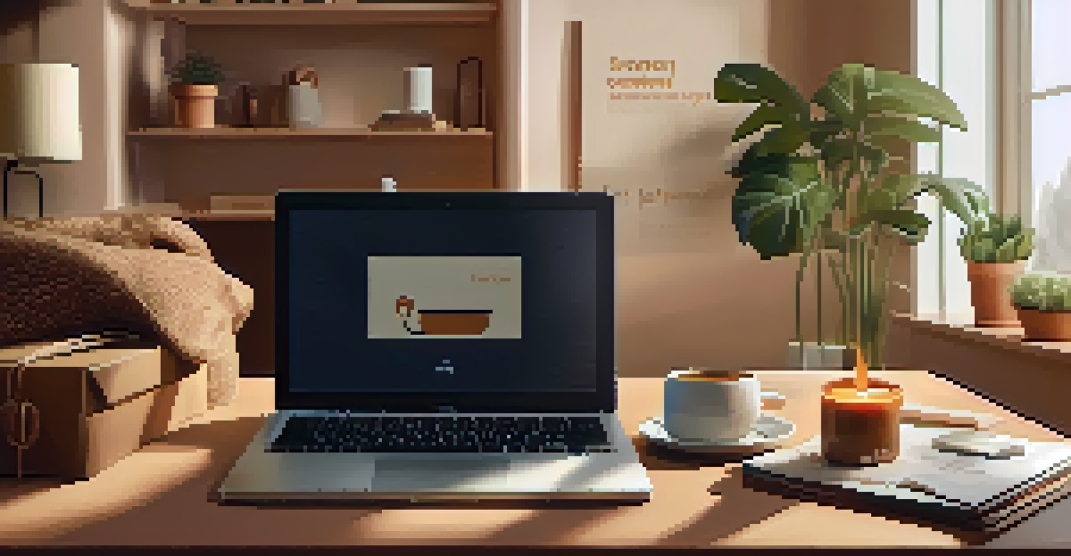 A cozy home setup with a person browsing an online store on a laptop, warm lighting, and shopping bags.