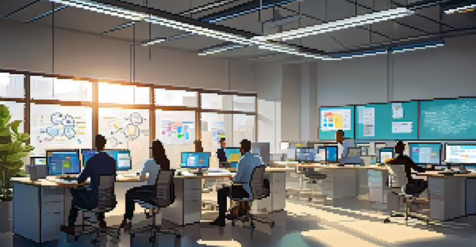 A diverse team of professionals working together in a bright office, collaborating on a software project with screens and a whiteboard.