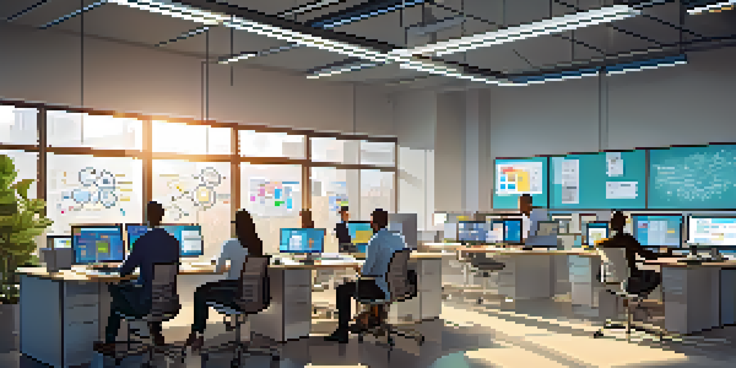 A diverse team of professionals working together in a bright office, collaborating on a software project with screens and a whiteboard.