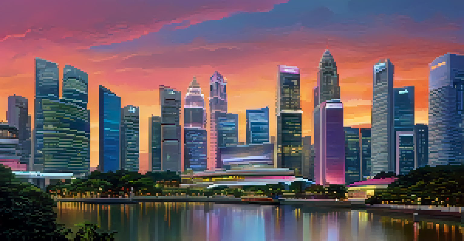 A panoramic sunset view of Singapore's skyline with skyscrapers and smart public transport, showcasing a futuristic and inviting atmosphere.
