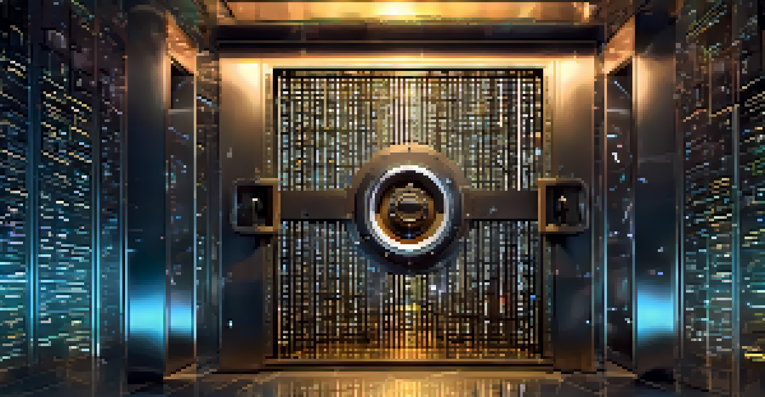 A high-security vault with a complex lock, surrounded by holographic projections of cryptographic algorithms and quantum symbols, set in a dimly lit background.