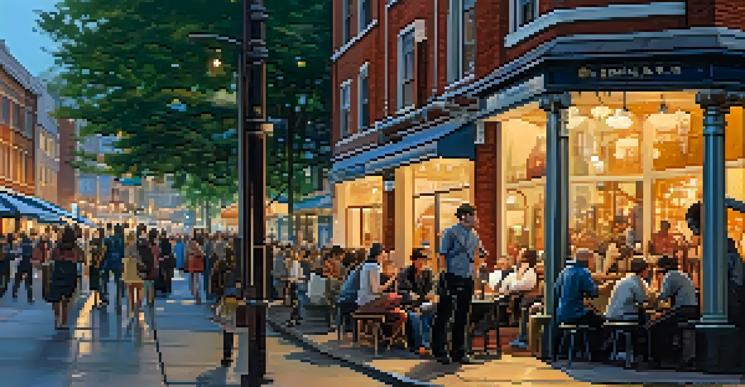 A street musician playing guitar on a busy urban street at dusk, with people enjoying the music.