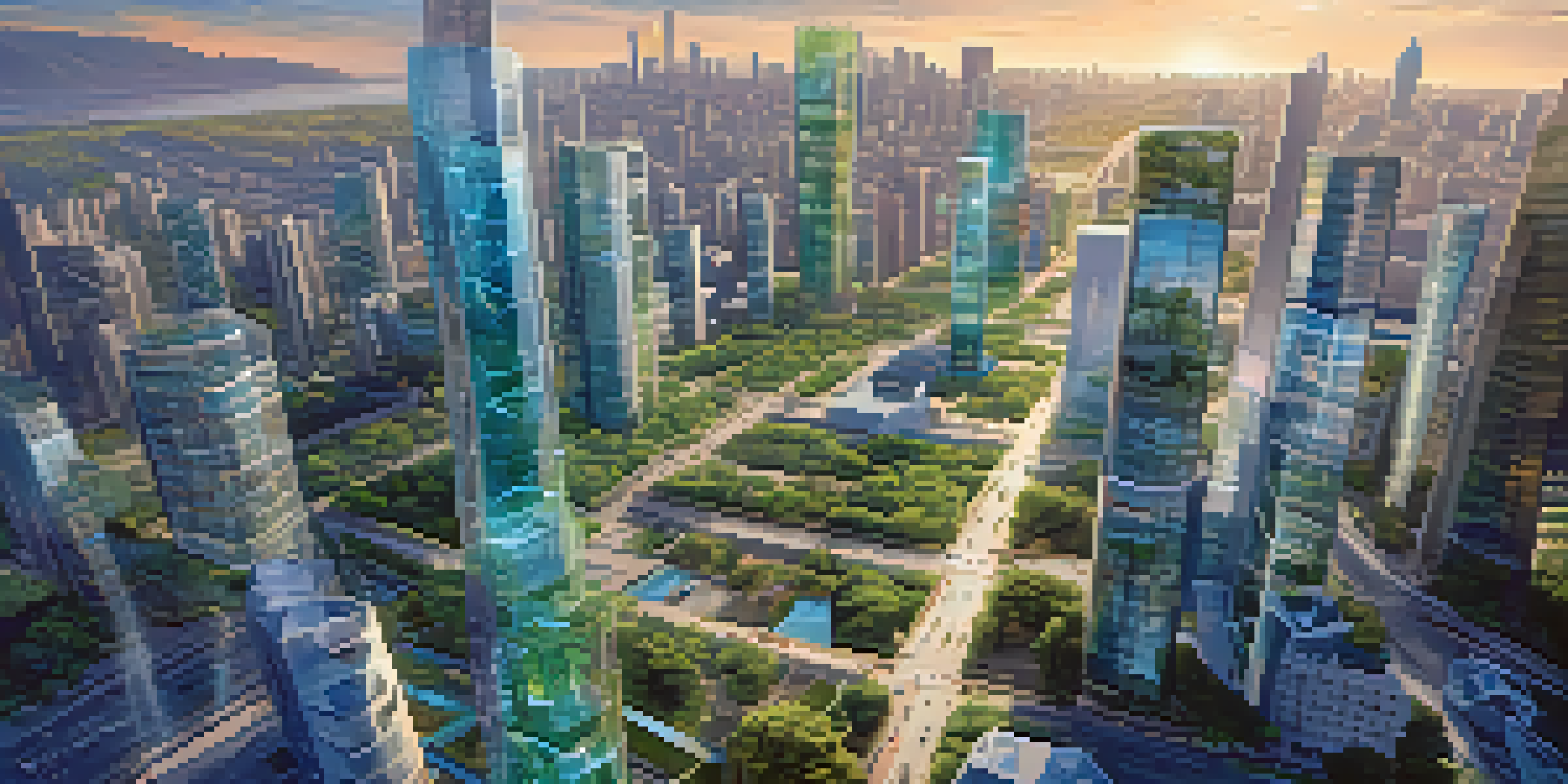 An aerial view of a modern city with a digital twin overlay, featuring virtual buildings and infrastructure in golden hour light.
