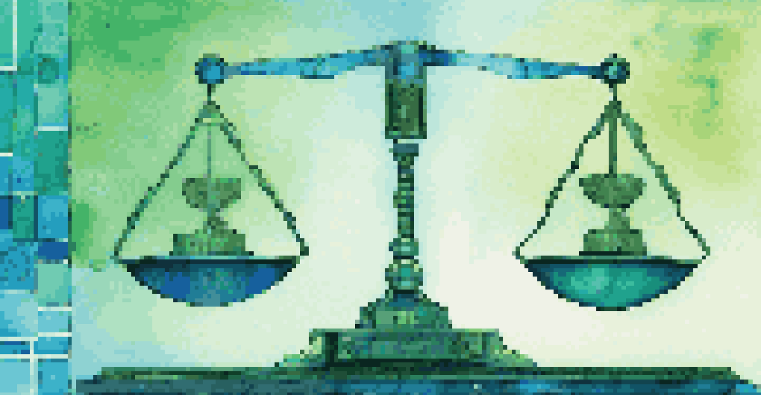 Artistic balance scales with a digital circuit board on one side and a traditional gavel on the other, symbolizing justice and ethics.