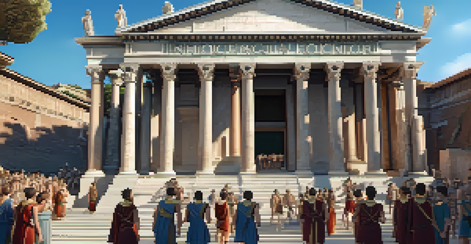 Students exploring a virtual reconstruction of ancient Rome, interacting with holographic historical figures and detailed ancient architecture.