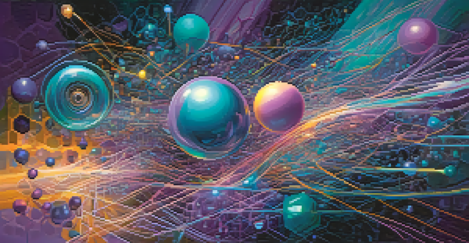 An abstract image showing the connection between quantum computing and artificial intelligence with colorful neural networks and qubits.