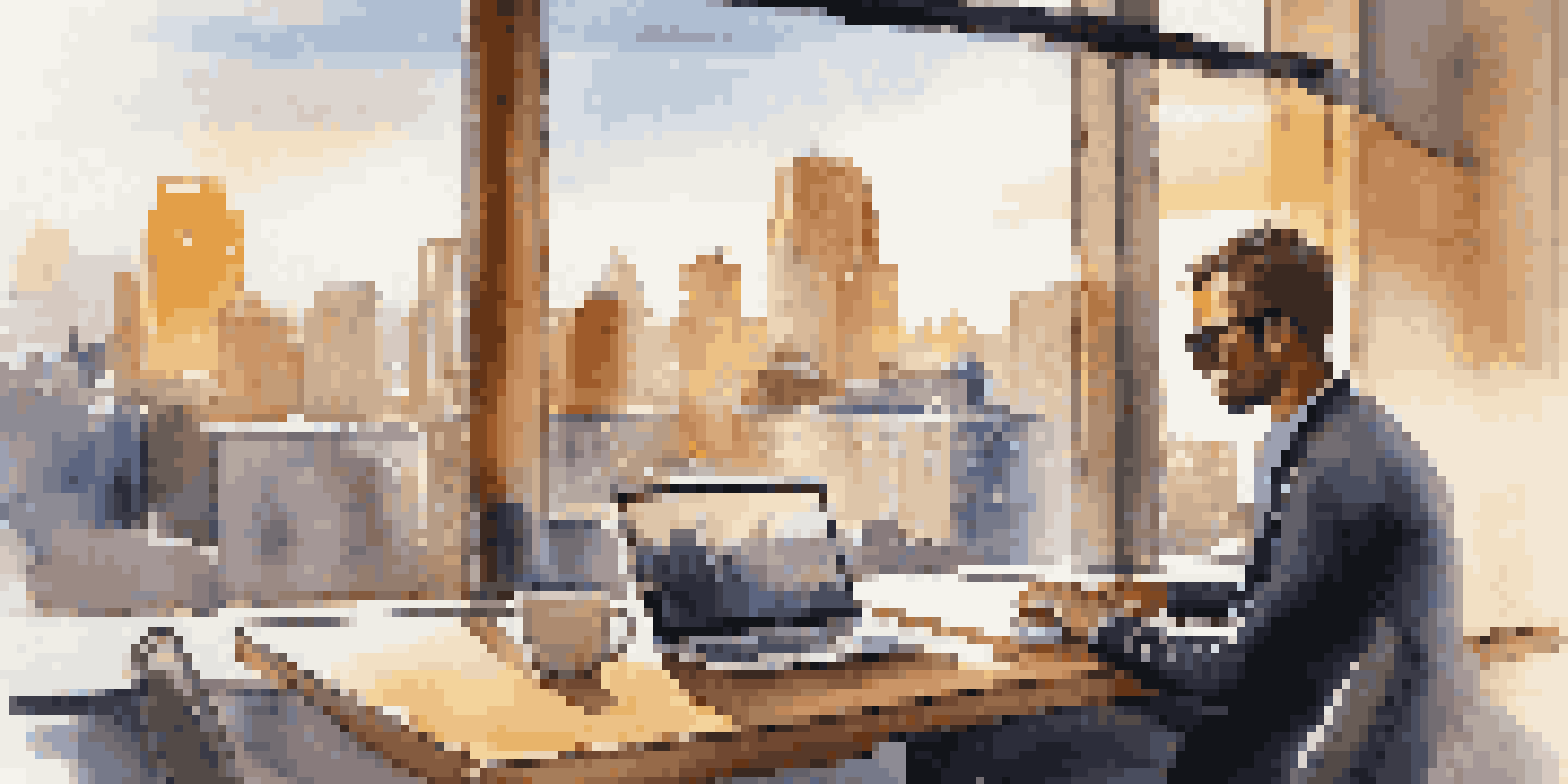 A professional working on a laptop in a coffee shop, with a city view outside, sunlight streaming in.