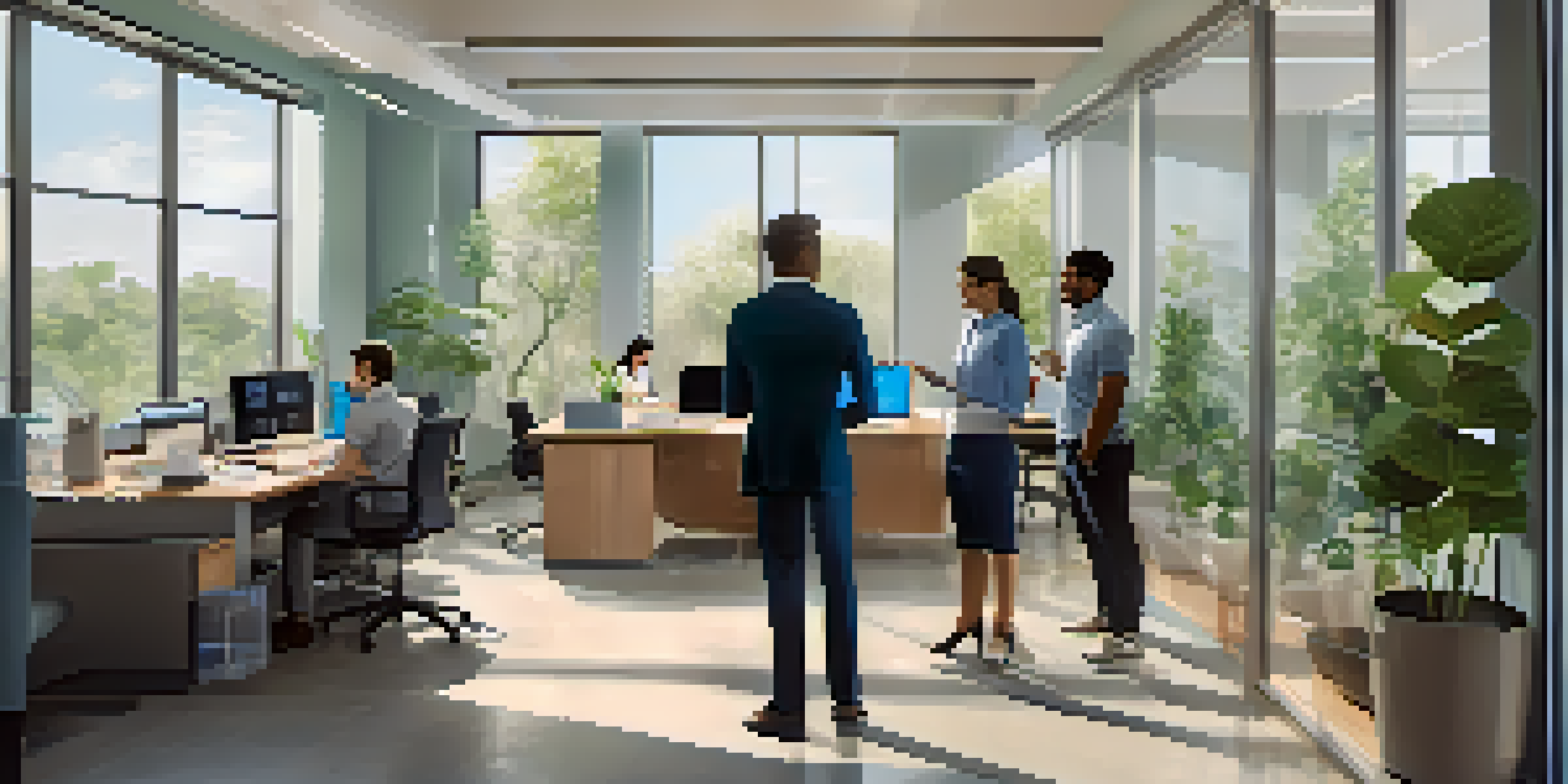 A modern office scene with a virtual assistant displayed on a computer, employees discussing around a table, and natural light filtering through windows.