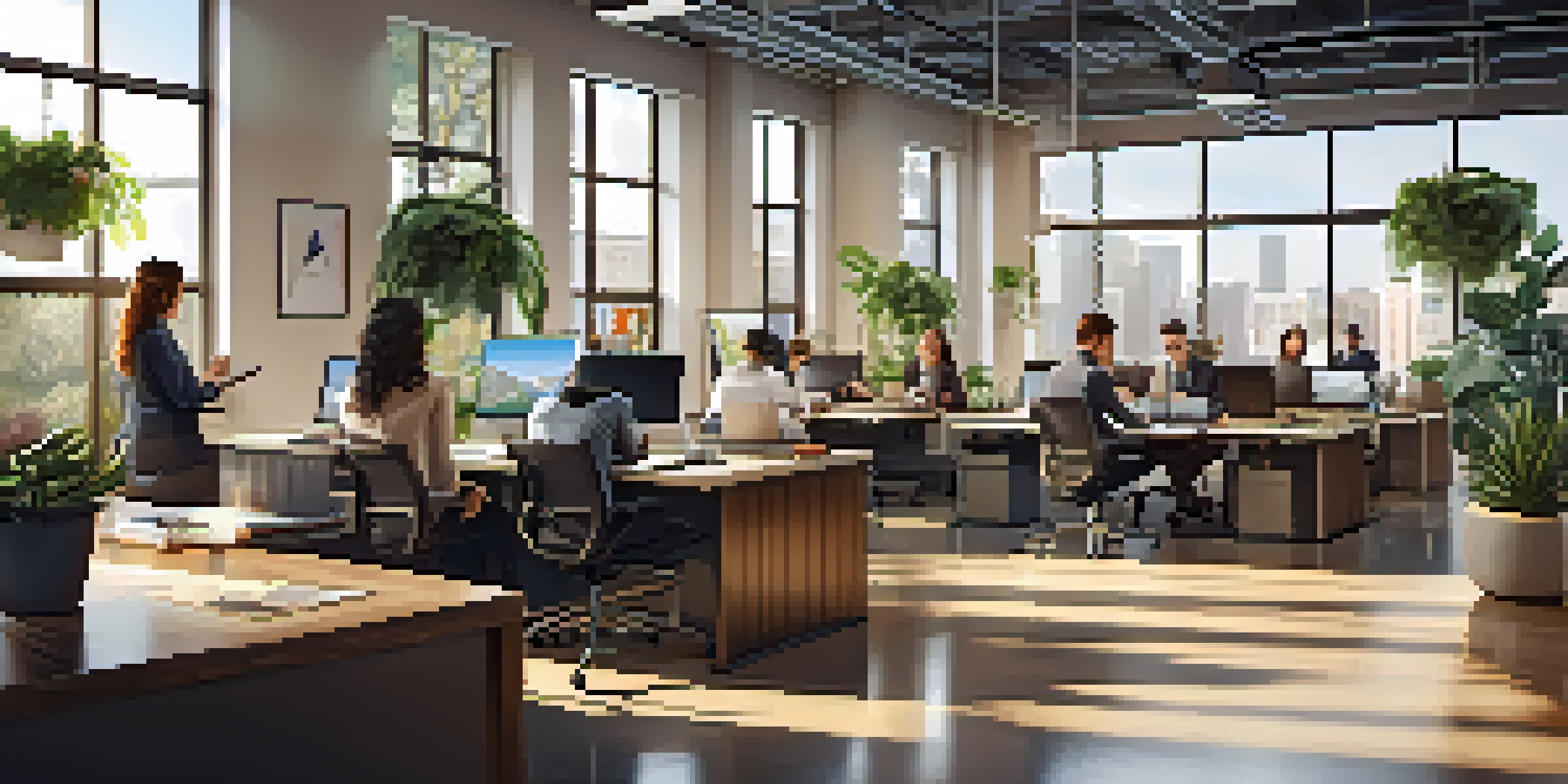 A diverse group of professionals collaborating in a bright modern office with laptops and plants.