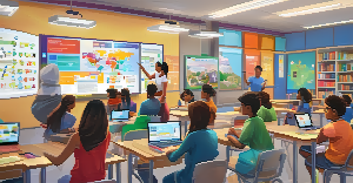 A bright classroom with students actively participating in a gamified learning activity, featuring colorful visuals of points and badges.