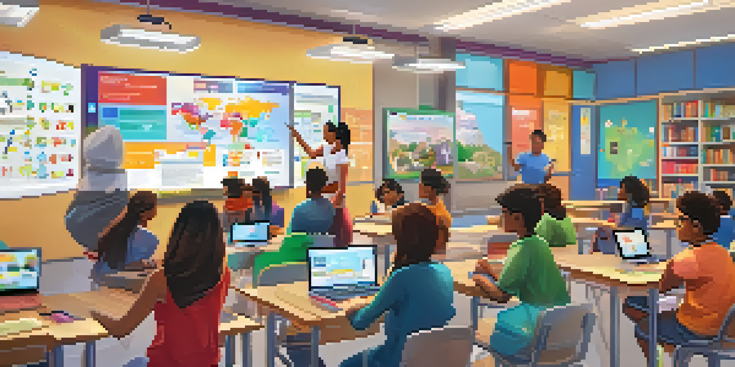 A bright classroom with students actively participating in a gamified learning activity, featuring colorful visuals of points and badges.