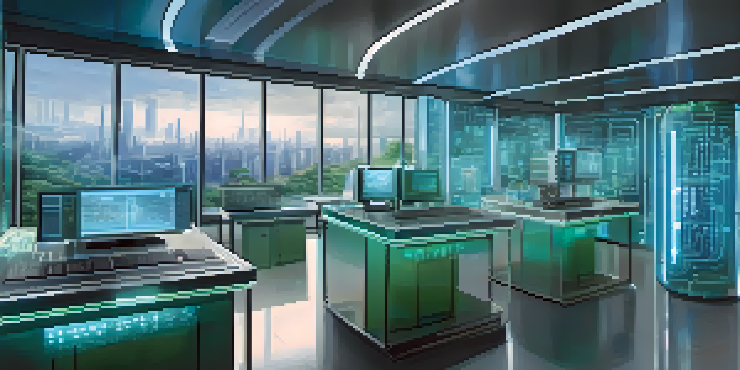 A futuristic laboratory displaying advanced quantum computers and a digital cityscape outside the window.