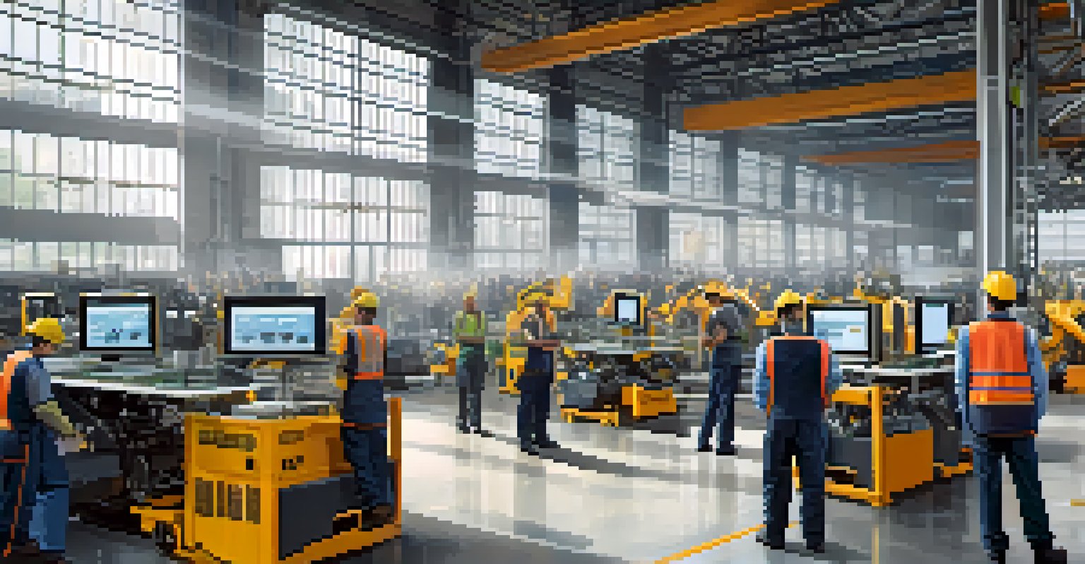 A factory floor with workers using advanced machinery and digital screens for data analytics, showcasing a blend of technology and human effort.