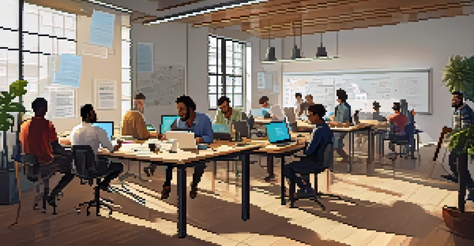 A group of diverse developers working together in a bright, collaborative workspace, surrounded by laptops and coding books.