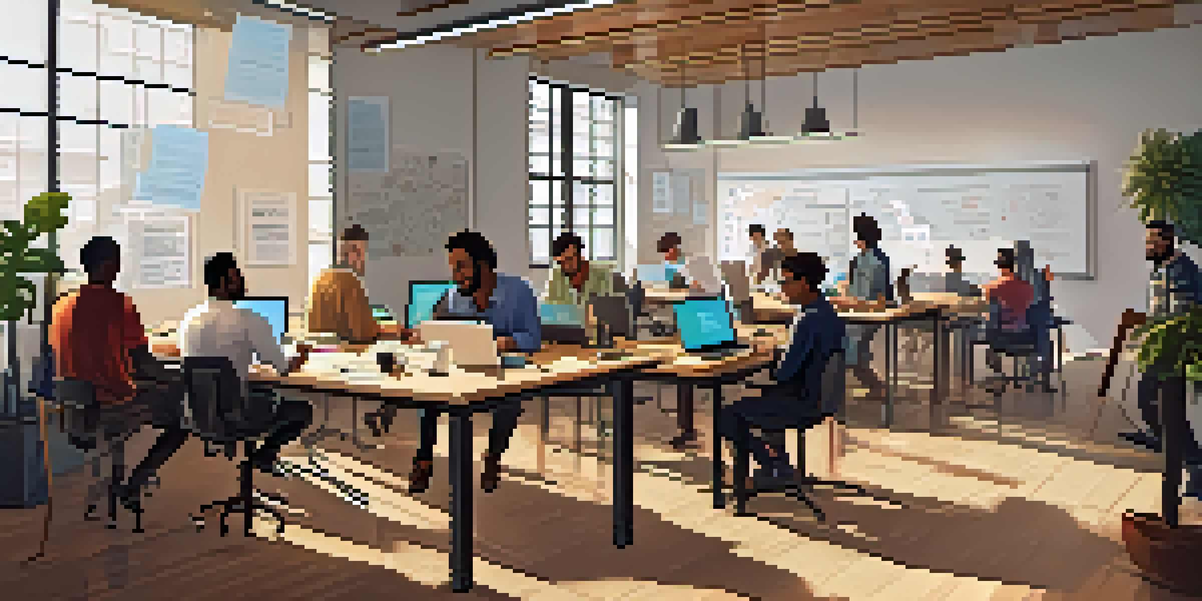 A group of diverse developers working together in a bright, collaborative workspace, surrounded by laptops and coding books.