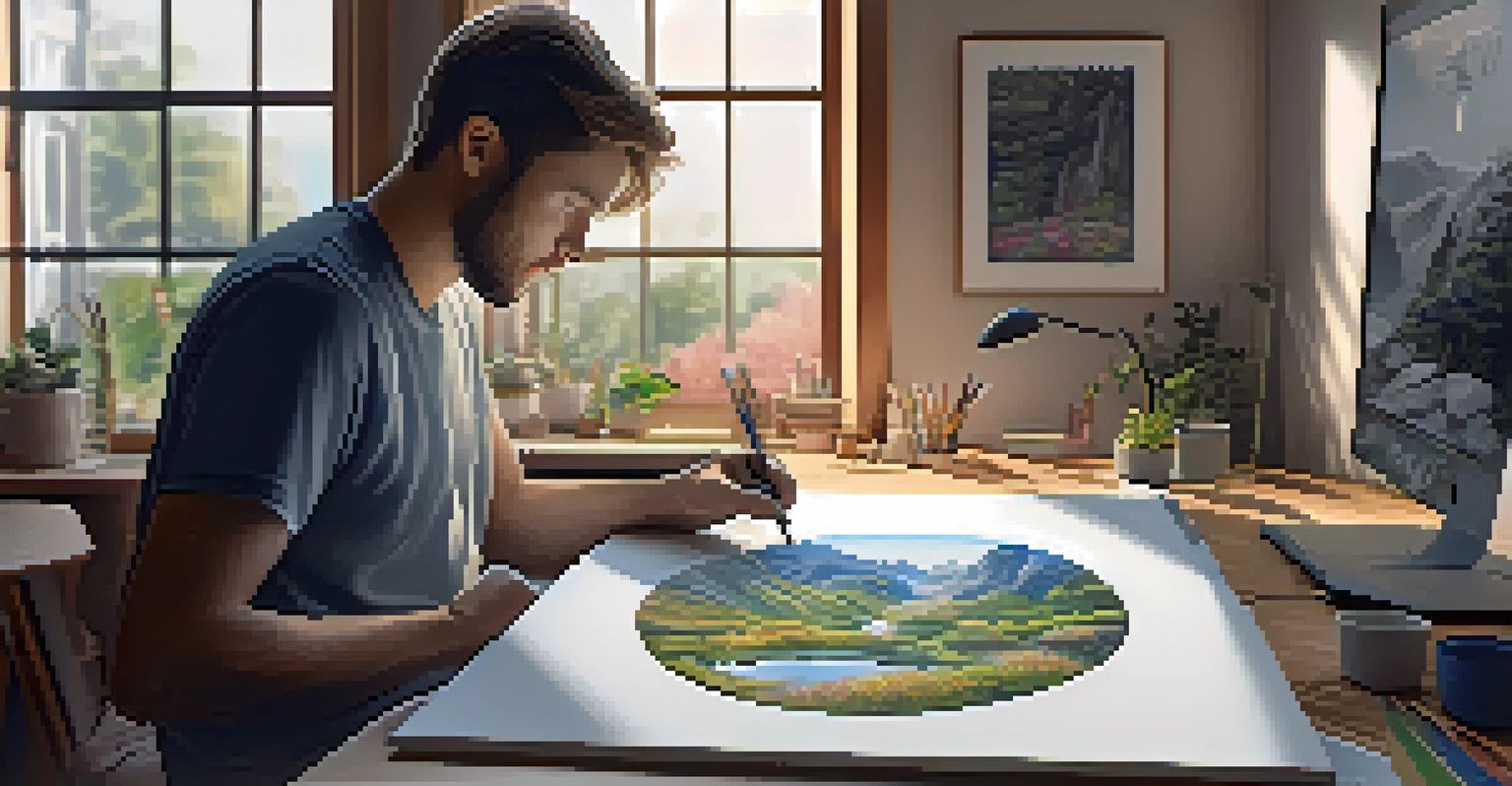 An artist designing a virtual landscape on dual monitors, surrounded by sketches and art supplies in a well-lit workspace.