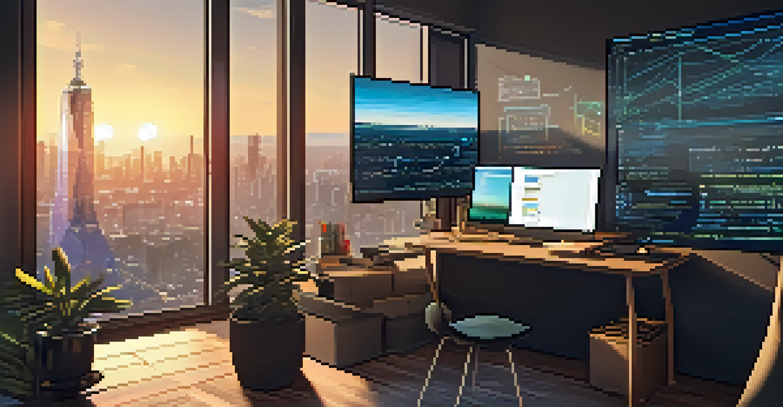 A developer coding a smart contract in a workspace filled with books and diagrams, with a city skyline view.