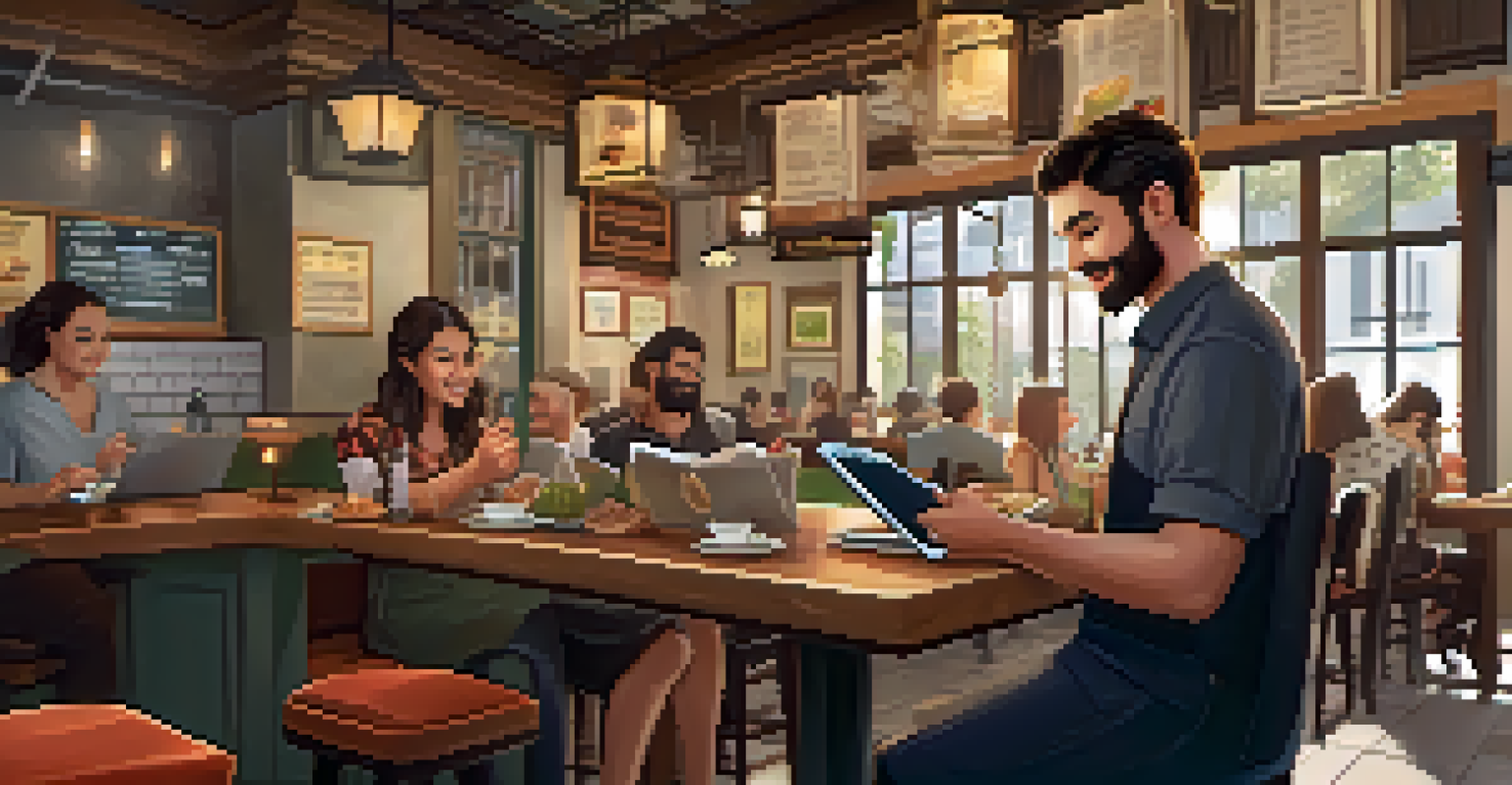 A small restaurant owner managing reservations on a tablet in a cozy restaurant environment.