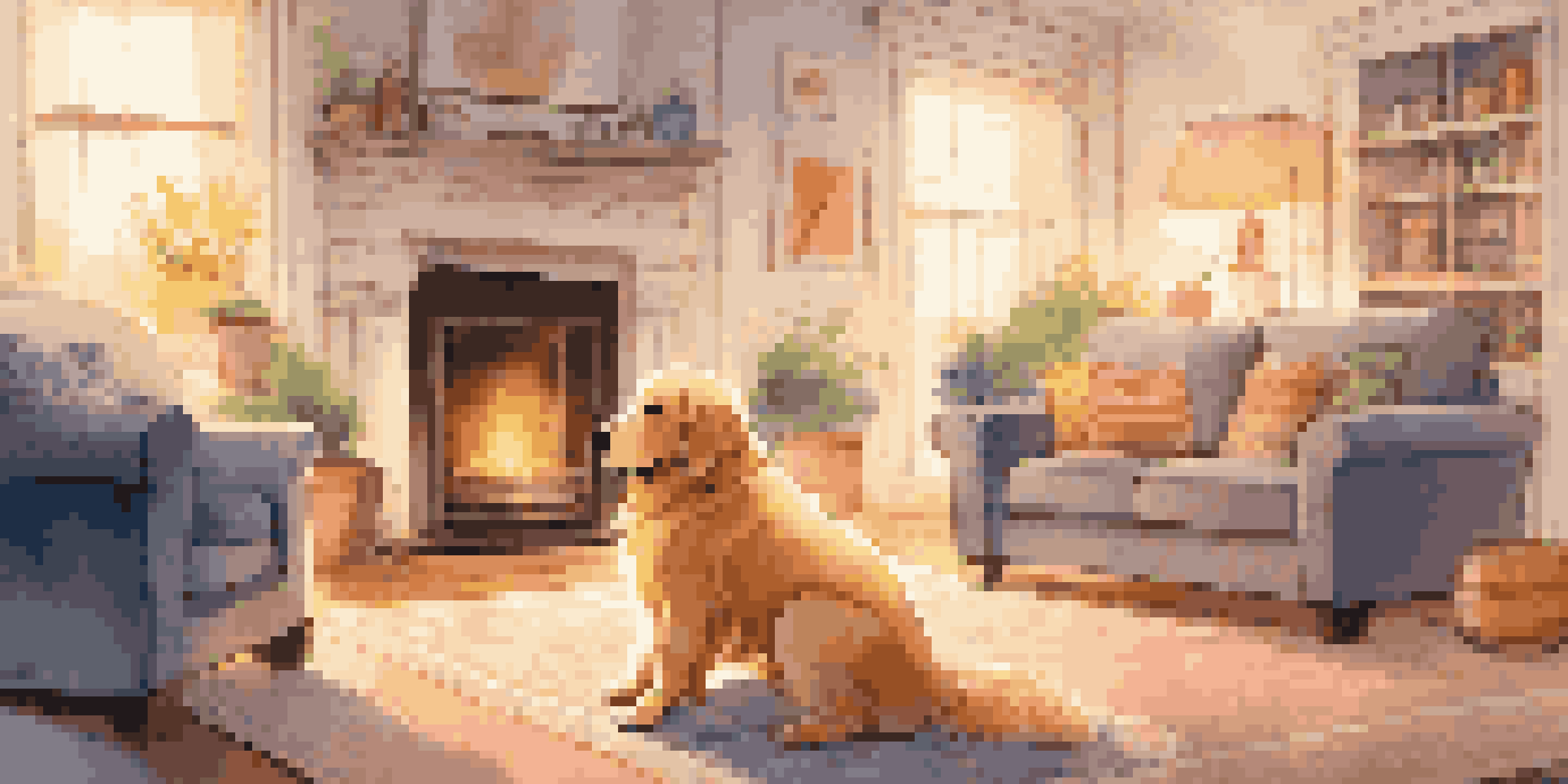 A golden retriever being trained in a cozy living room with augmented reality commands displayed.