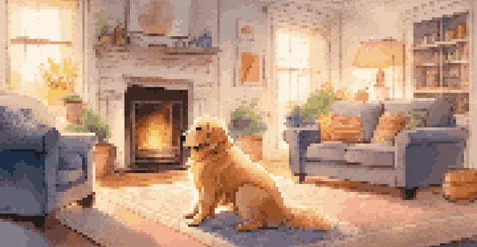 A golden retriever being trained in a cozy living room with augmented reality commands displayed.