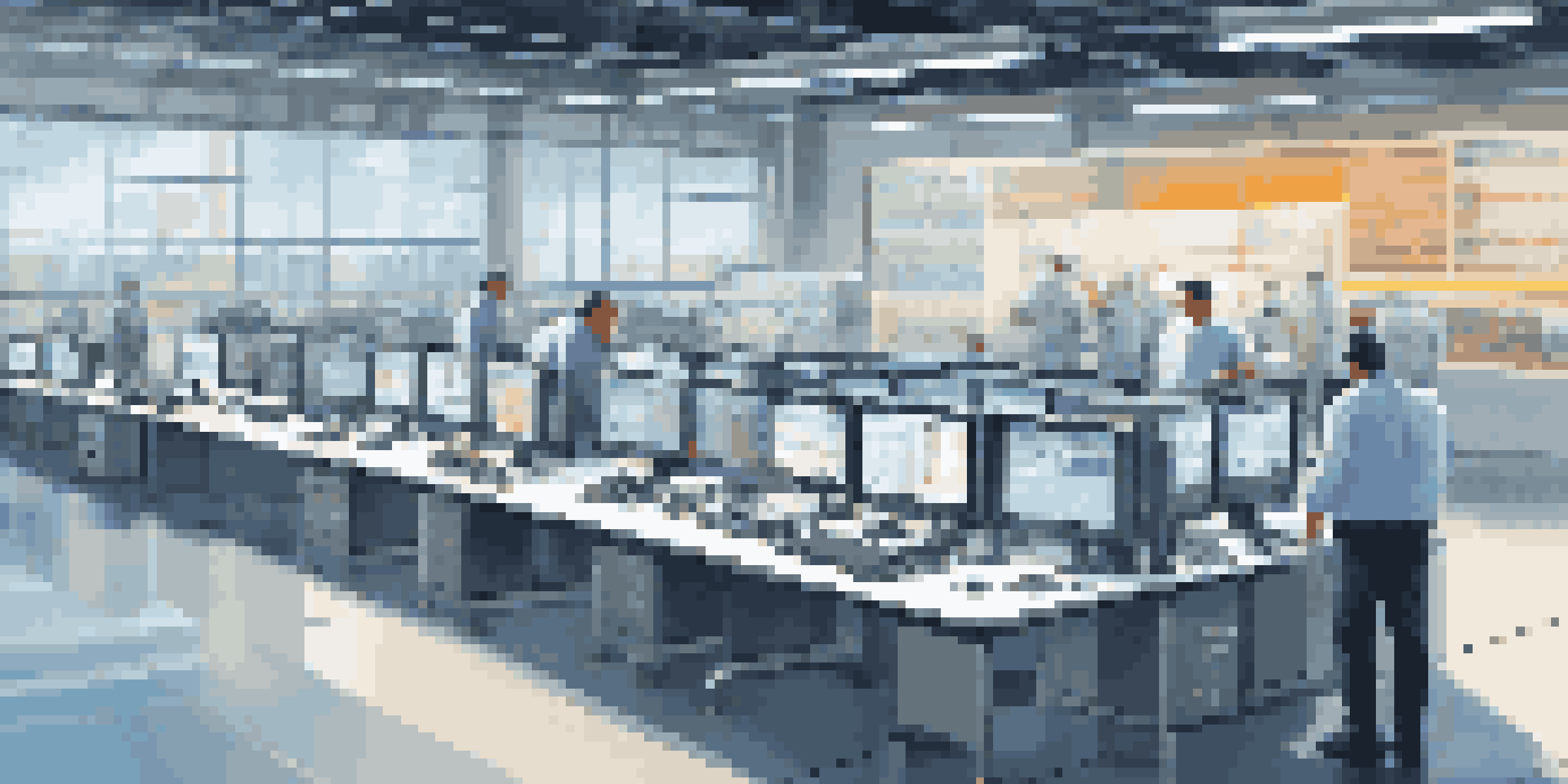 A manufacturing facility with technicians monitoring data on screens, featuring advanced machinery and bright lighting.