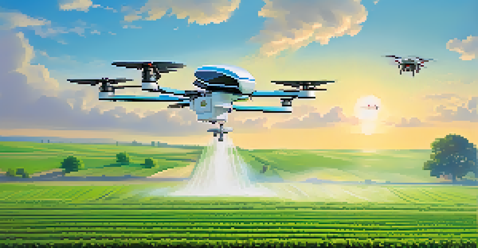A picturesque smart agricultural field with an automated irrigation system, drones monitoring crops, and a clear blue sky.