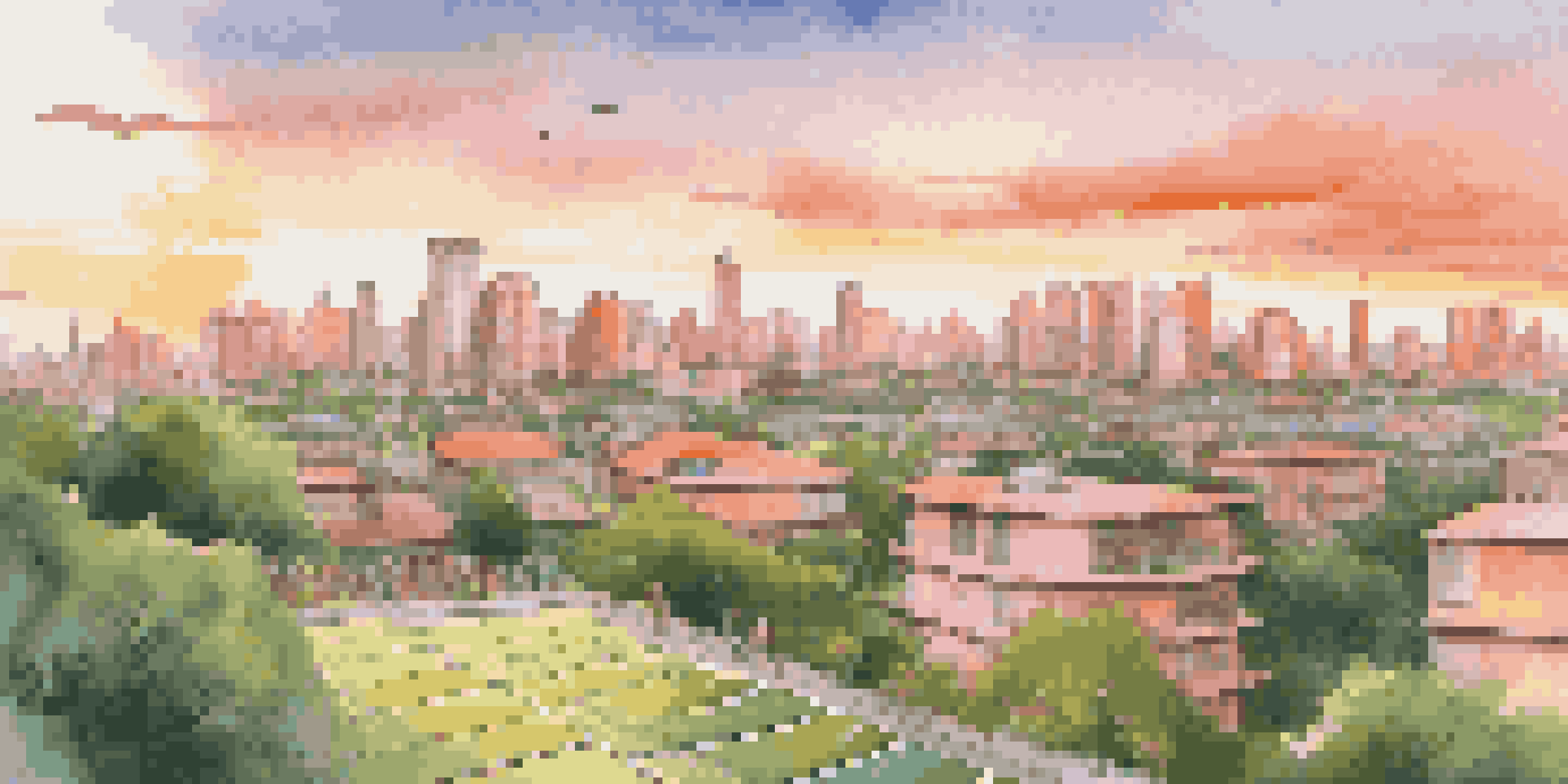 A modern city skyline at sunset with solar panels and green parks, symbolizing sustainability.