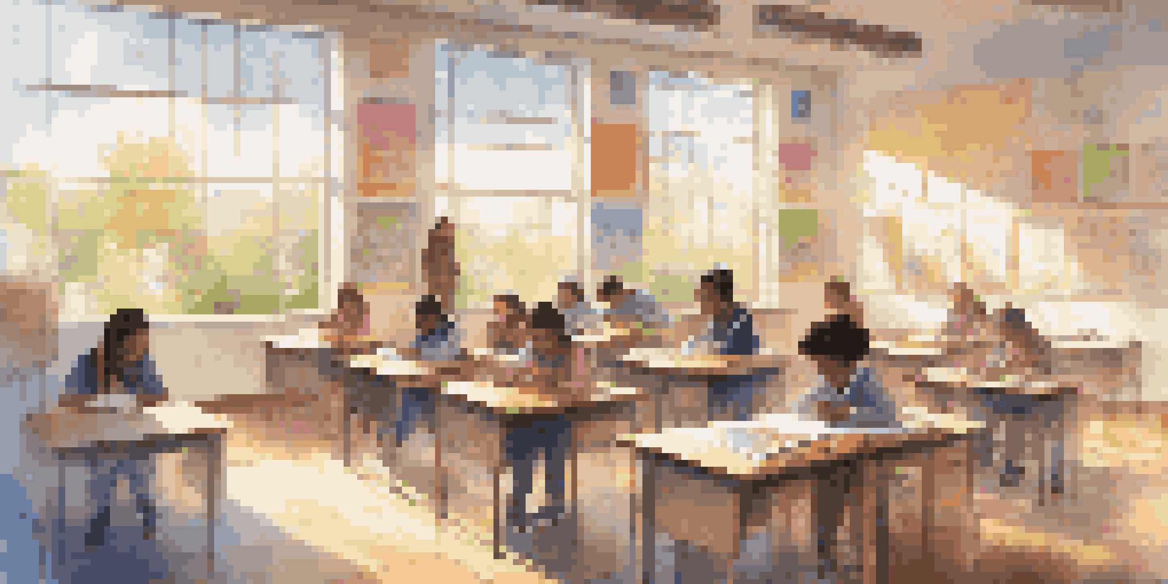 A bright and inviting classroom with students of various backgrounds working together on a project, surrounded by educational materials and sunlight.