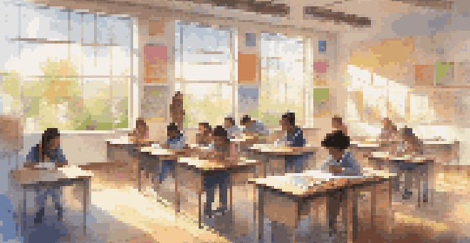 A bright and inviting classroom with students of various backgrounds working together on a project, surrounded by educational materials and sunlight.