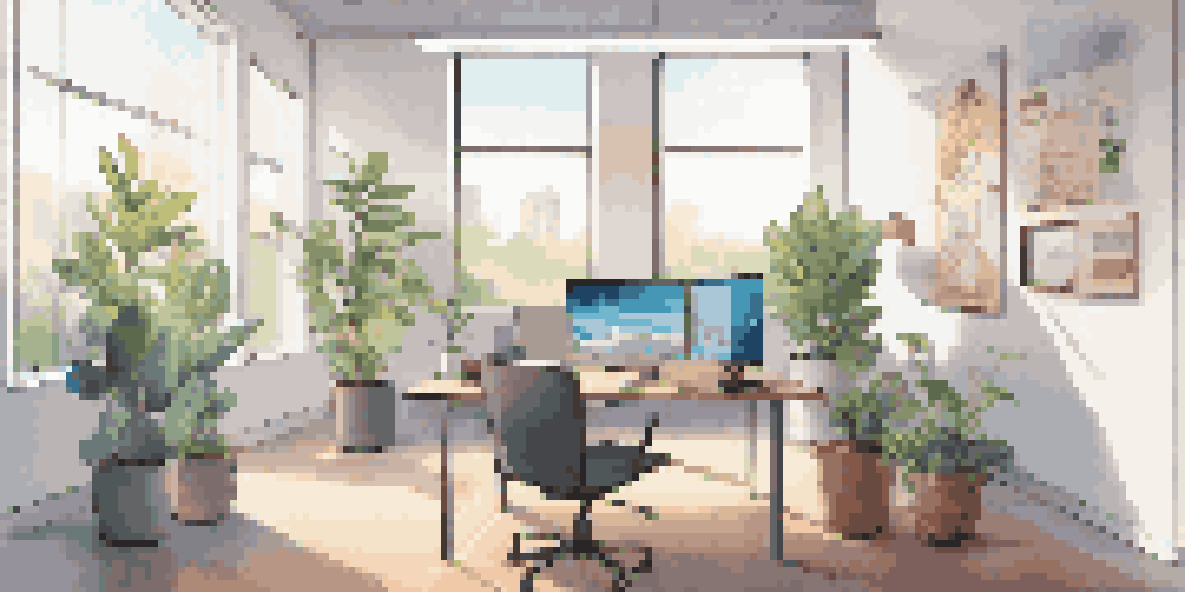 A bright office space with a laptop showing a chatbot interface, a coffee cup, and a potted plant on the desk.