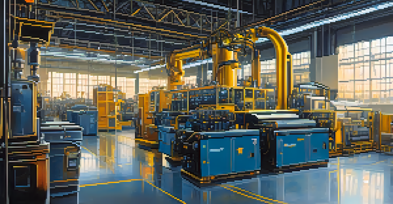 An industrial factory floor filled with IoT sensors and machinery, showcasing intricate details and illuminated by natural light.